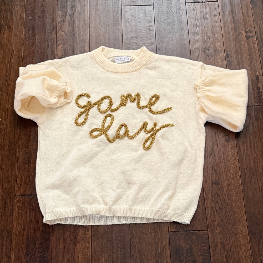 game day shop the mint Cream Sweater with Gold Script - Picture 2 of 3